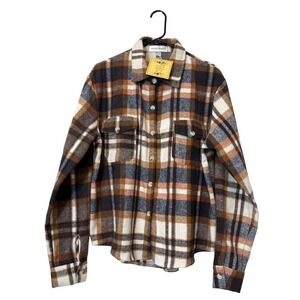 Haha Mama Plaid Shacket Womens XL Brown Cream New Flannel Button Down Jacket